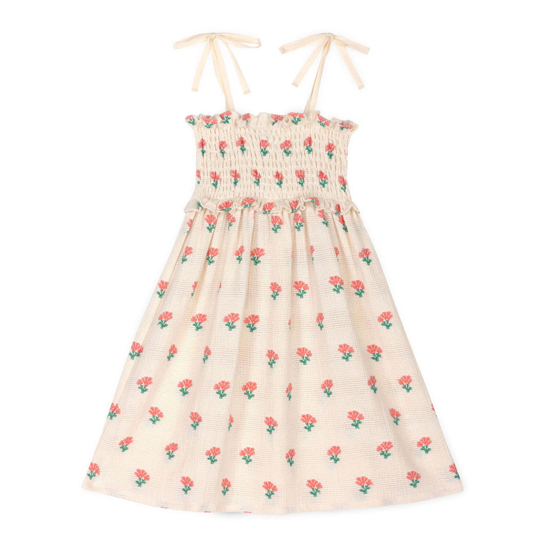 Mipounet Ecru/Coral Jacquard Caroline Smock Dress