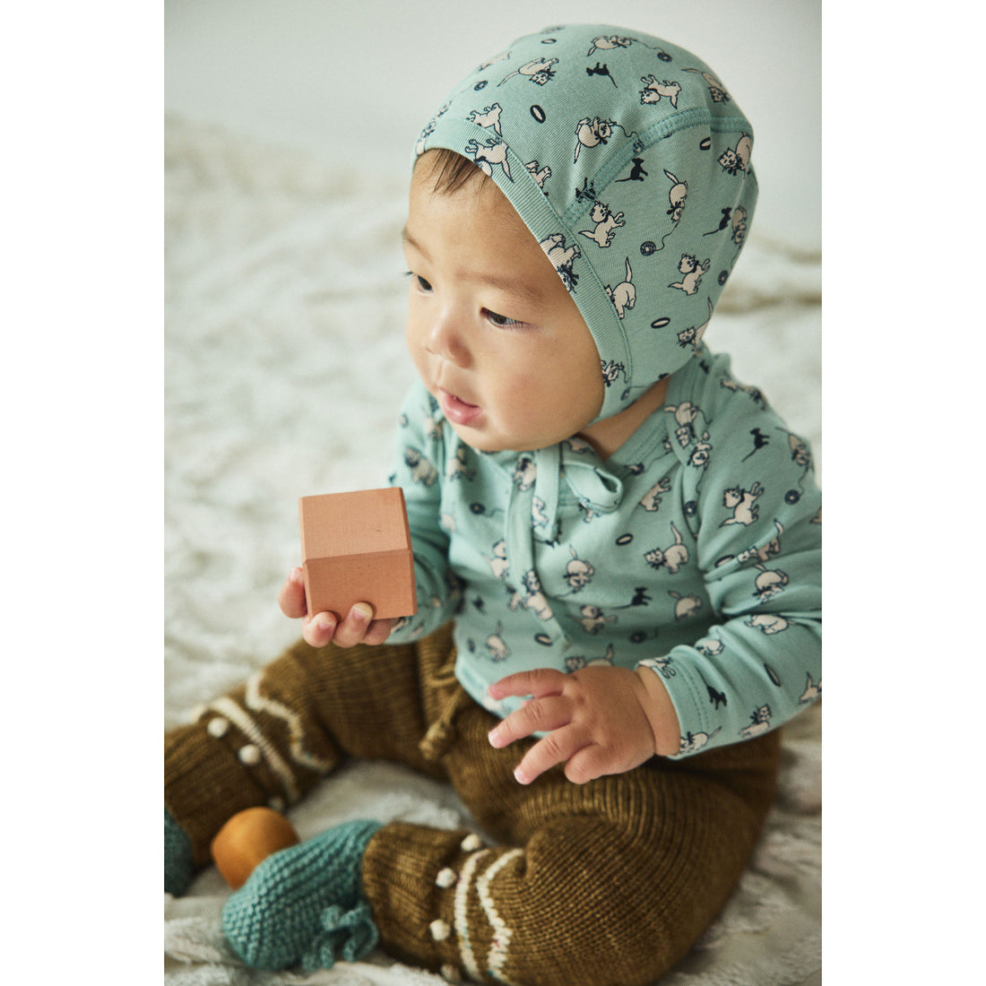Misha and Puff Sage Cat & Mouse Baby Pima Bonnet