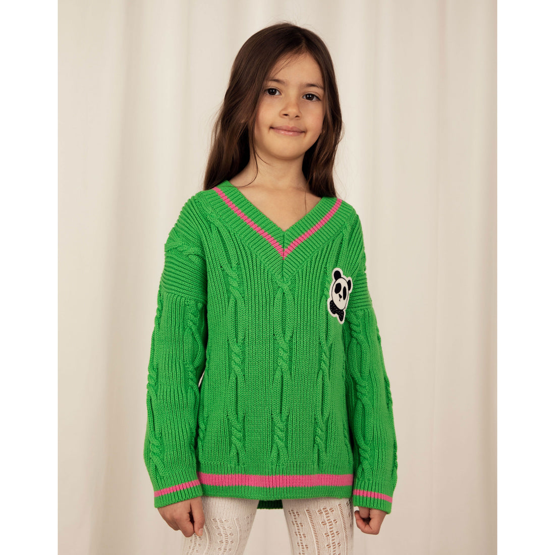 Mini Rodini Green Panda Knitted V-Neck Sweater