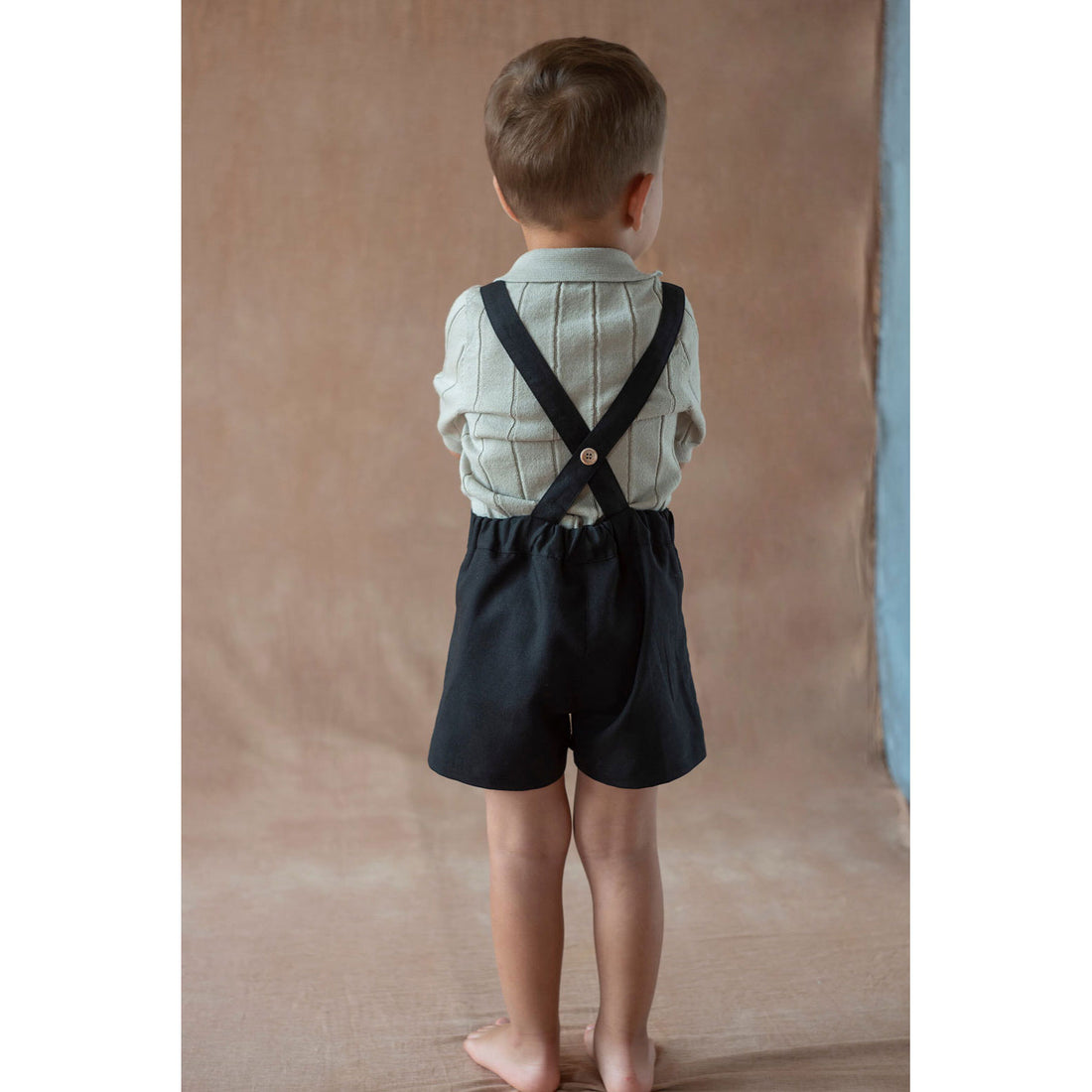 Popelin Black Linen Suspender Shorts