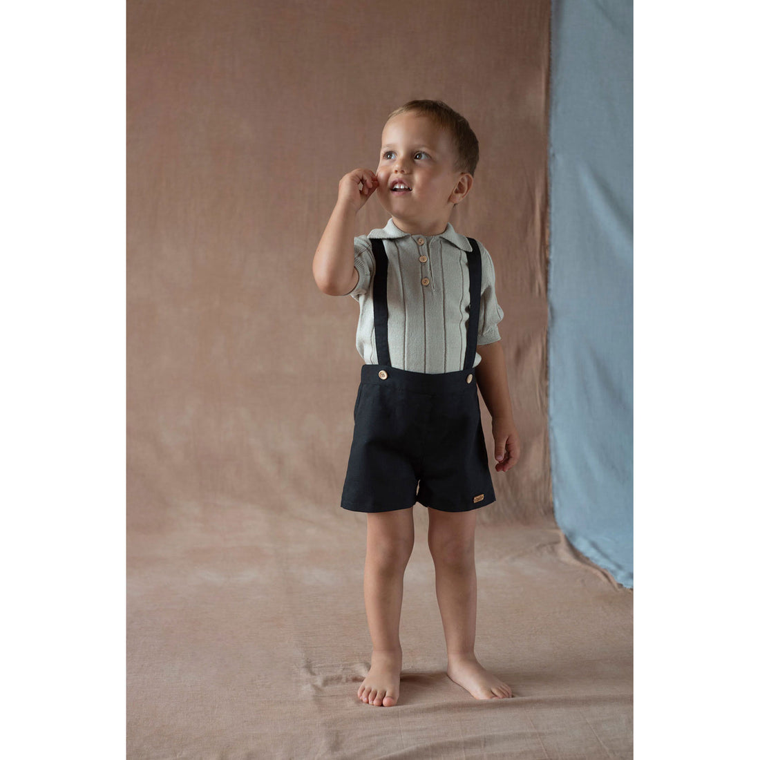 Popelin Black Linen Suspender Shorts
