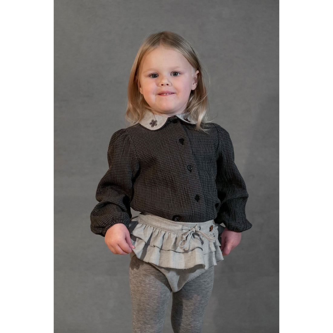 Popelin Black Gingham Embroidered Collar Blouse