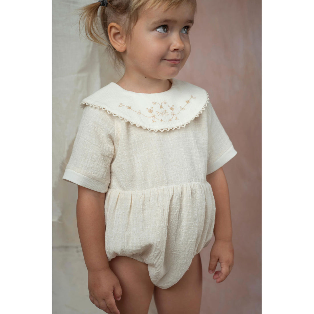 Popelin Off White Embroidered Collar Romper