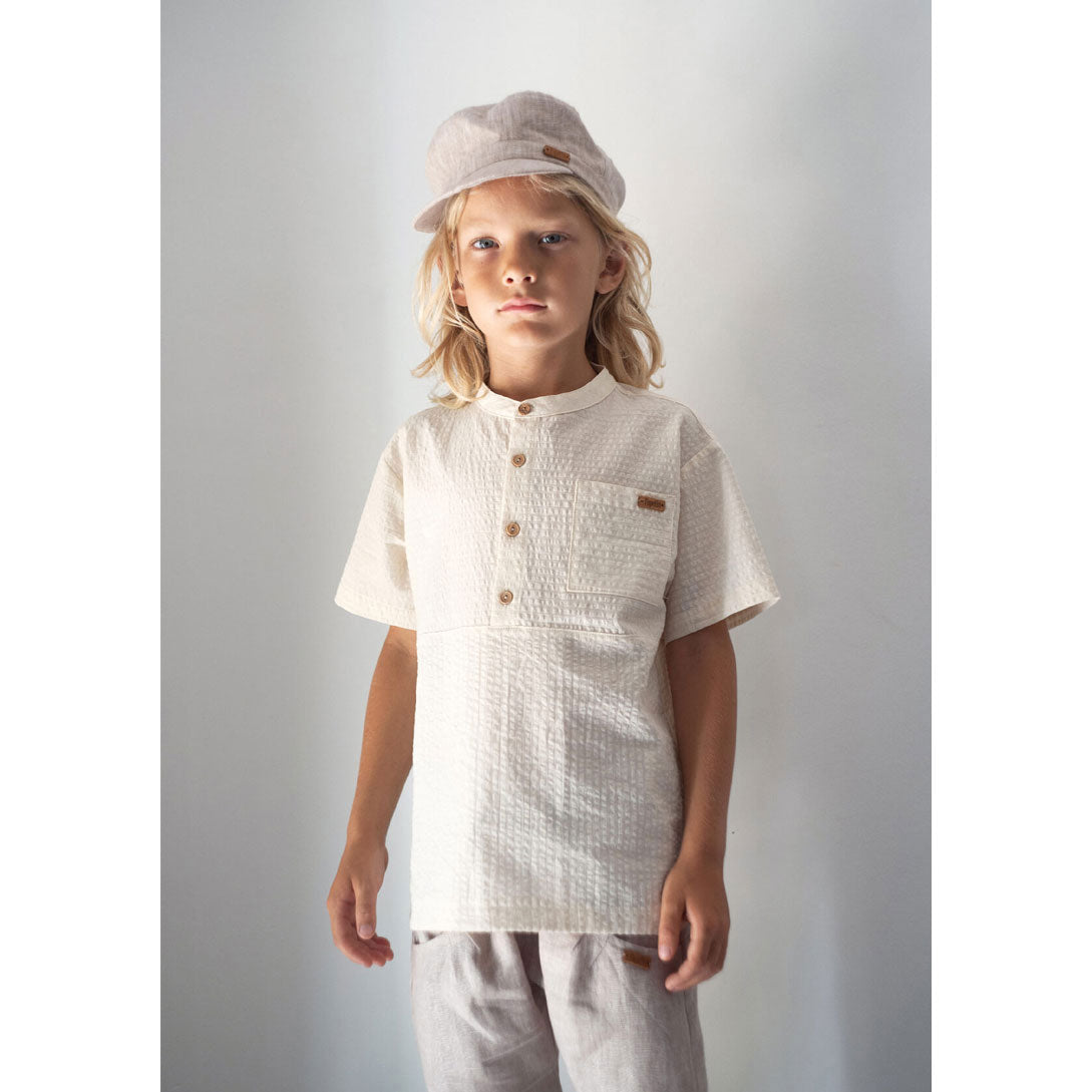 Popelin Off White Mandarin Collar Shirt