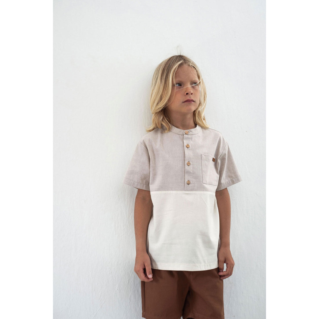 Popelin Sand Mandarin Collar Shirt