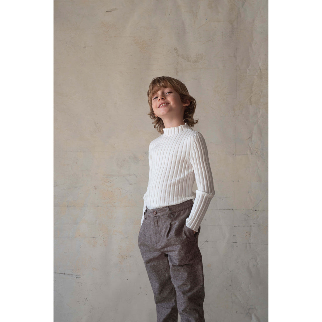 Popelin Off White Funnel Collar Rib Pullover