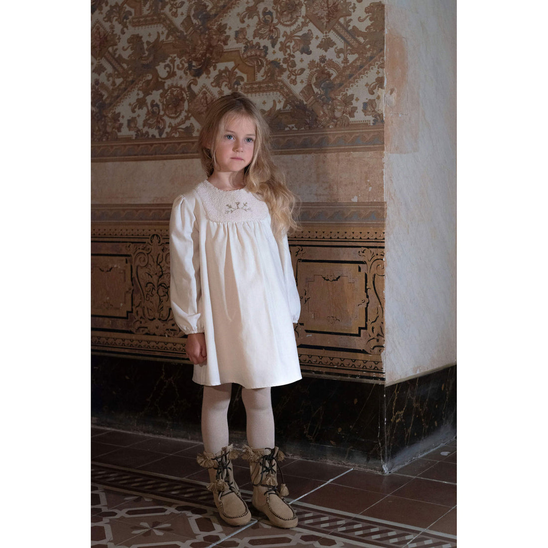 Popelin Off White Embroidered Yoke Dress