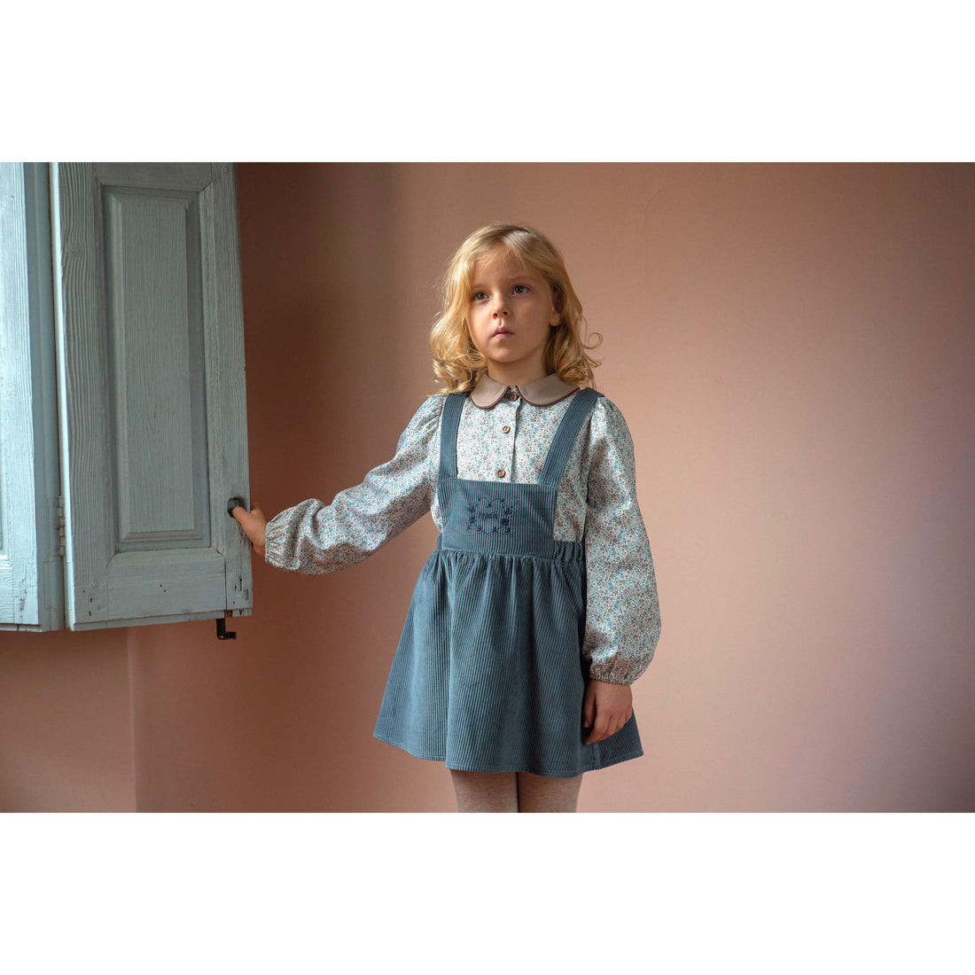Popelin Grey Blue Embroidered Corduroy Dress