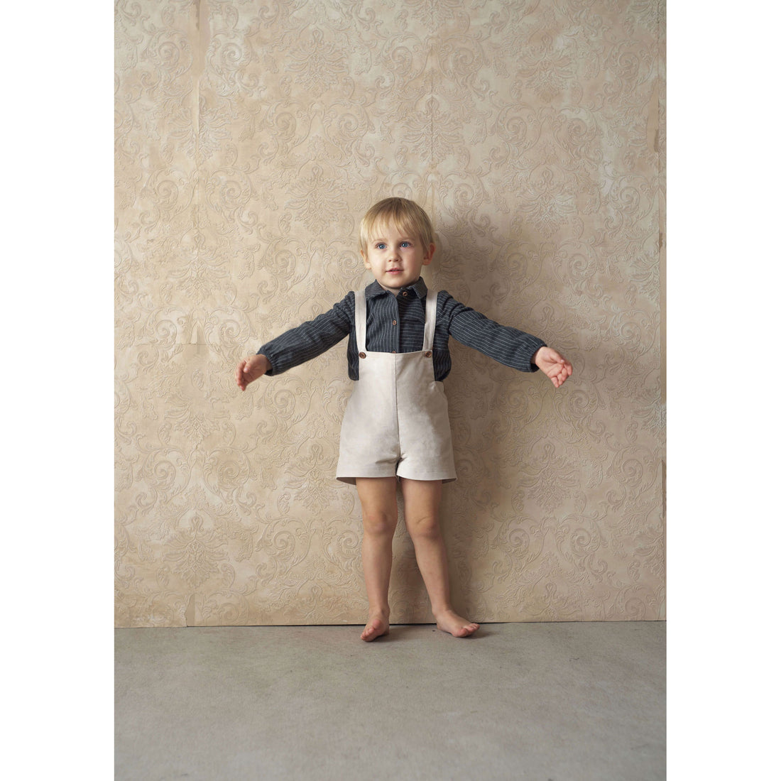 Popelin Beige Velvet Suspender Shorts