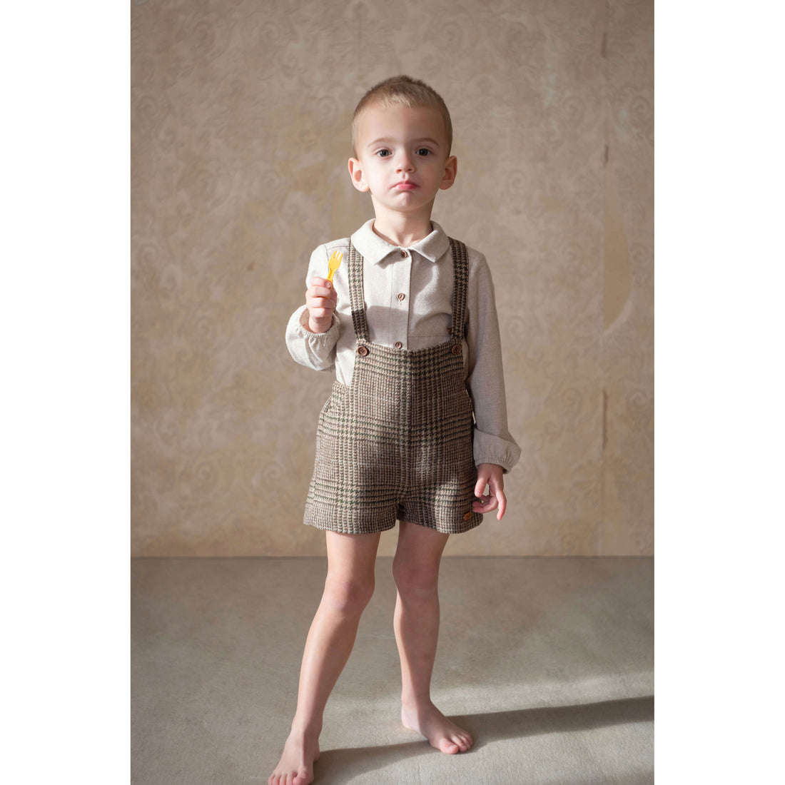 Popelin Brown Plaid Wool Suspender Shorts