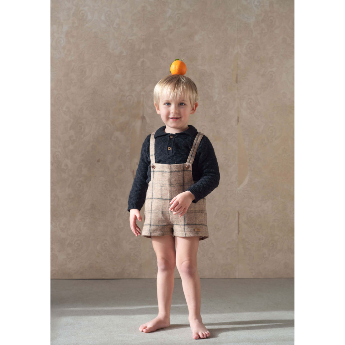 Popelin Beige Plaid Wool Suspender Shorts