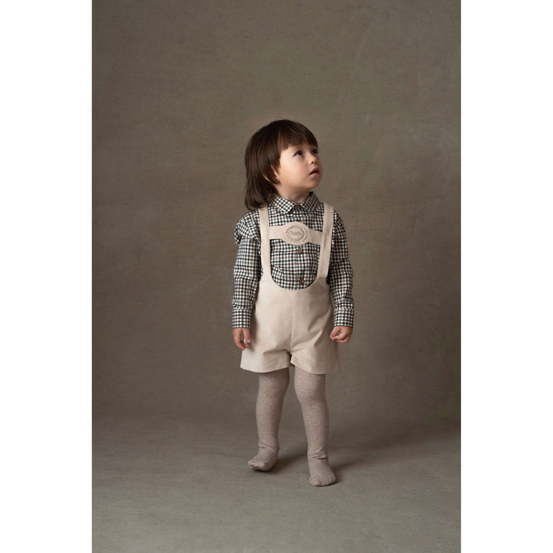 Popelin Beige Velvet Embroidered Short Dungarees