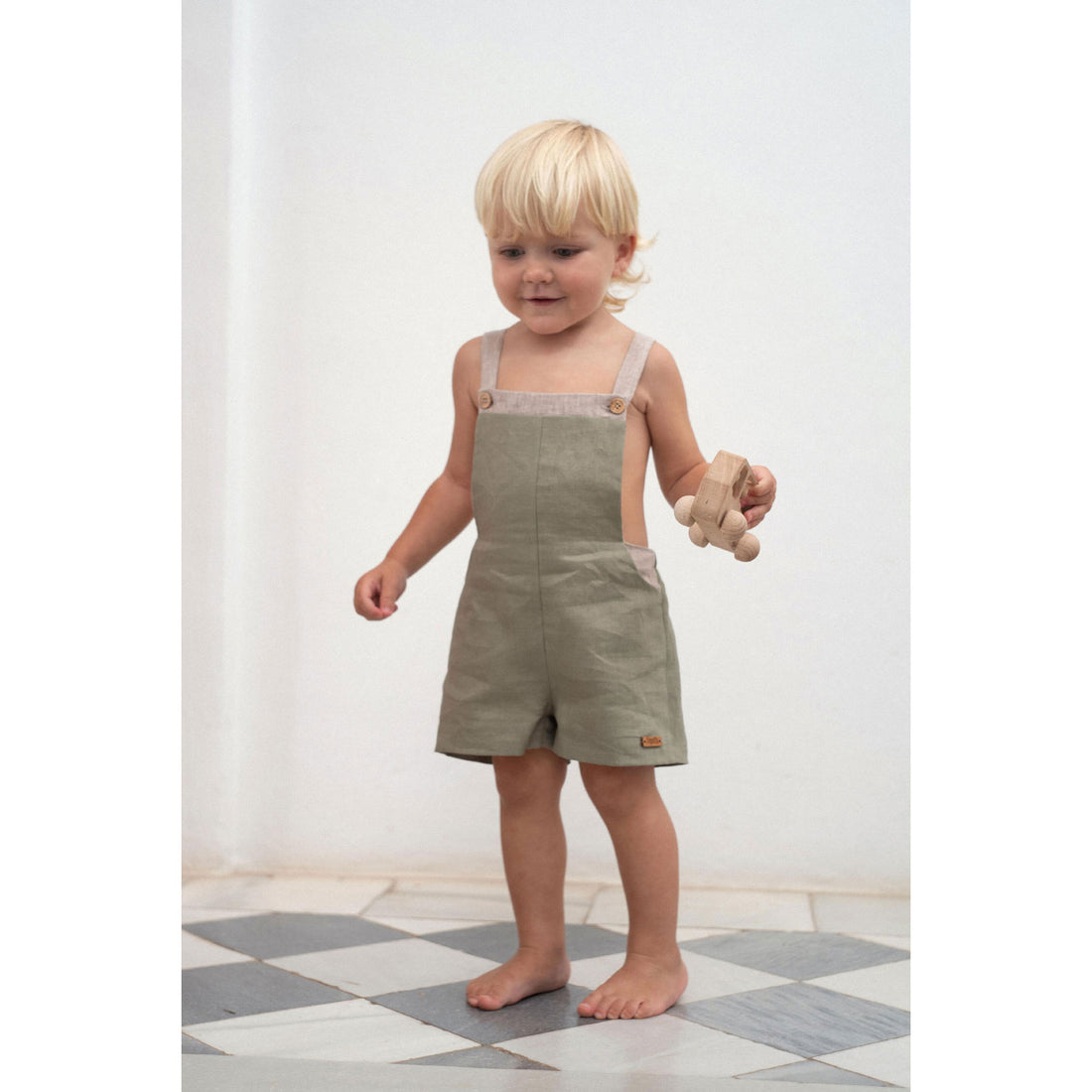 Popelin Green Linen Contrasting Dungarees