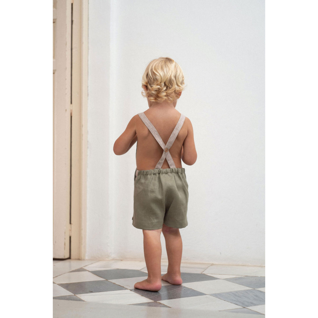 Popelin Green Linen Contrasting Dungarees
