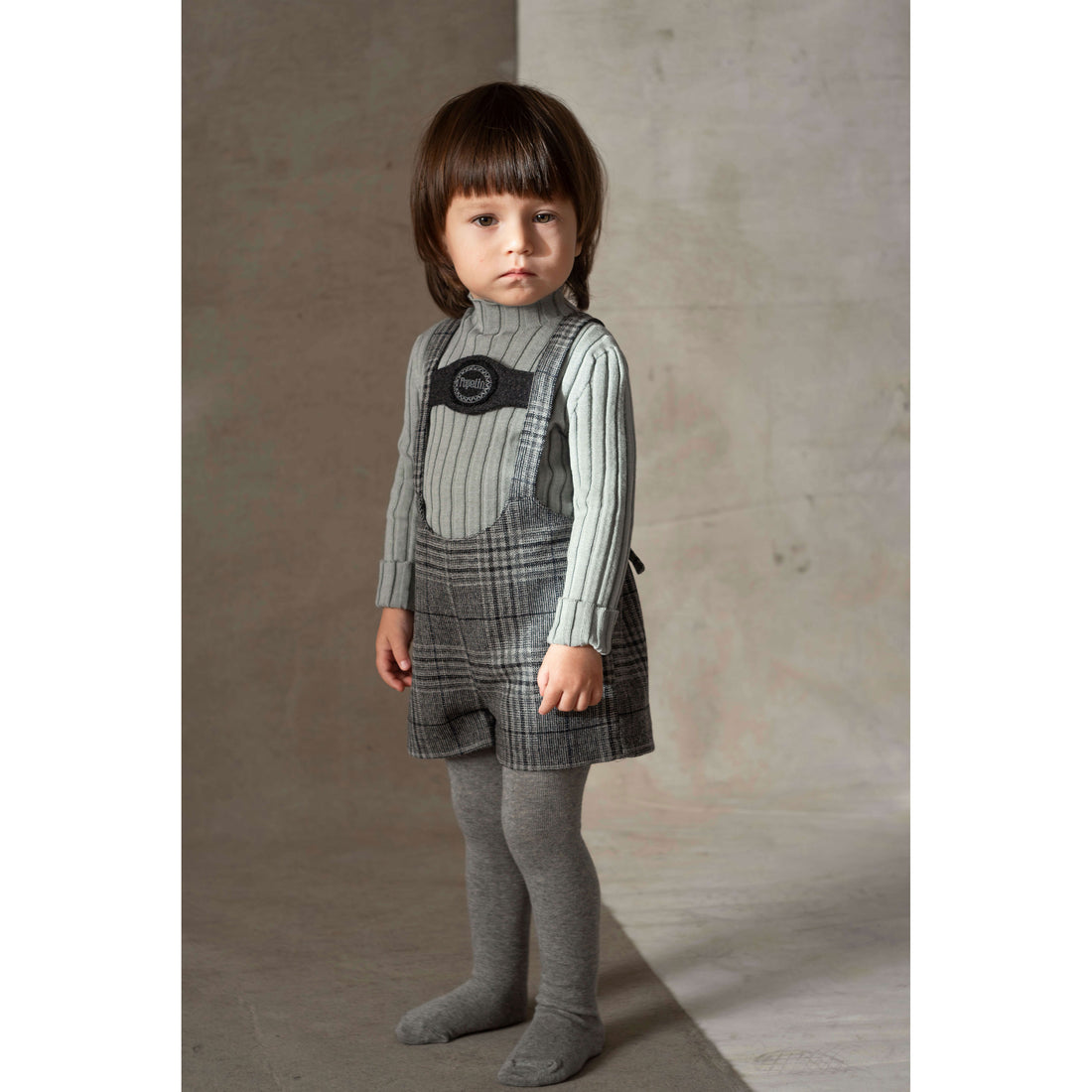 Popelin Grey Plaid Embroidered Short Dungarees
