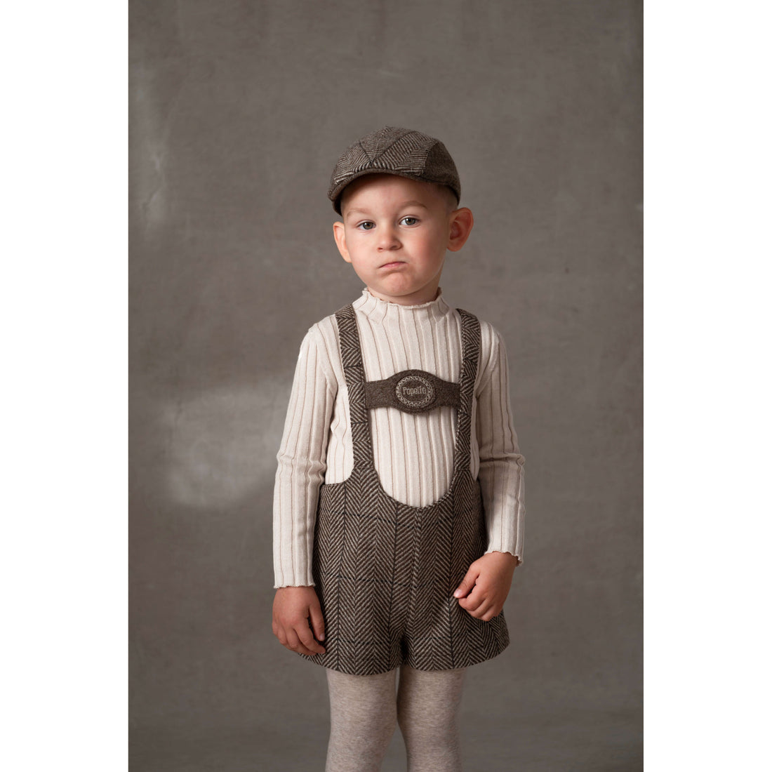 Popelin Brown Herringbone Embroidered Short Dungarees