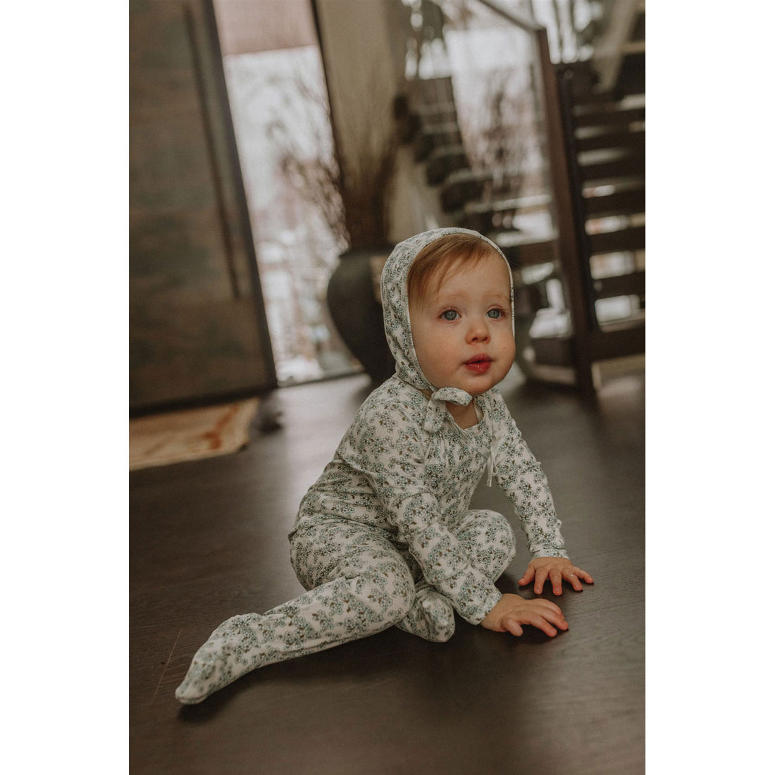 Ladida Layette Slate Cherry Blossom Footie+ Bonnet+ Blanket