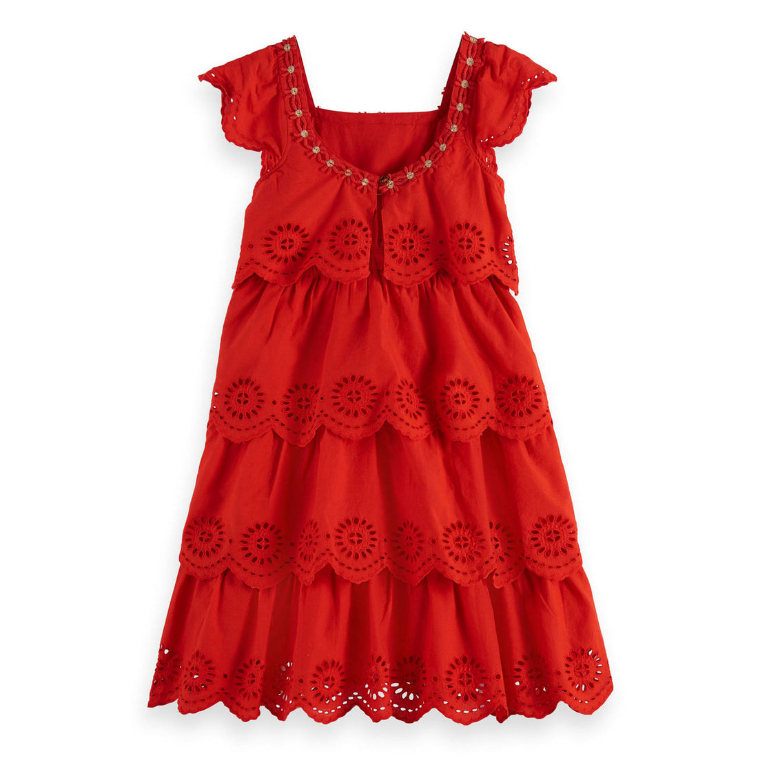 Scotch Shrunk  Lobster Red Layered Midi Anglaise Dress
