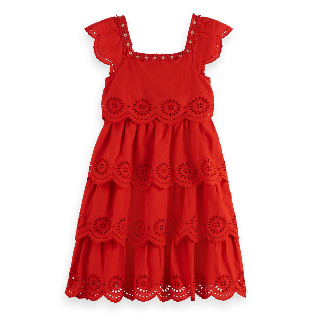 Scotch Shrunk  Lobster Red Layered Midi Anglaise Dress