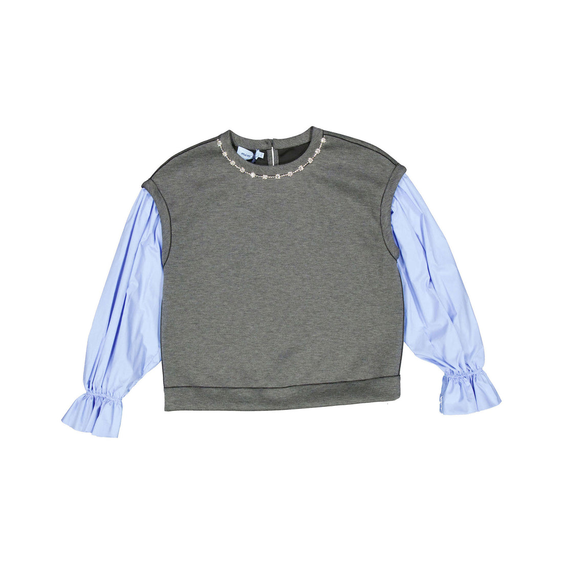 Mimisol Grey/ Light Blue Embellished Scuba Top