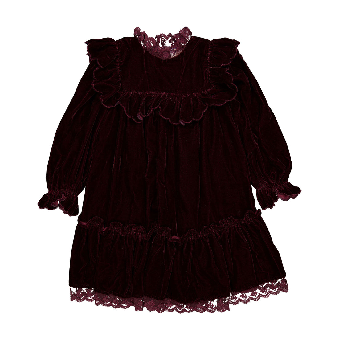 Petite Amalie Dark Cherry Lace Trim Velvet Dress