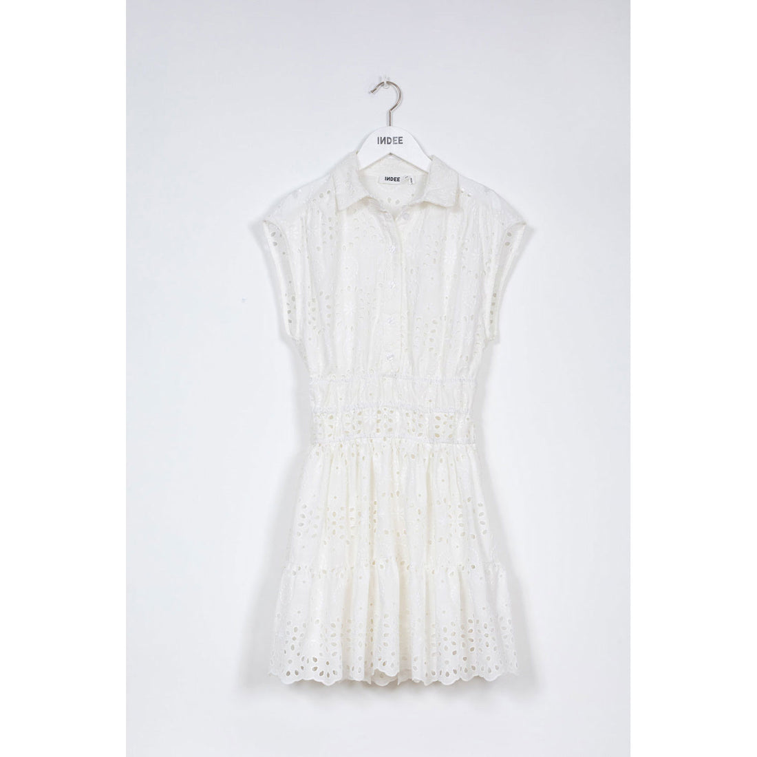 Indee Off White Midi Embroidered Pico Dress