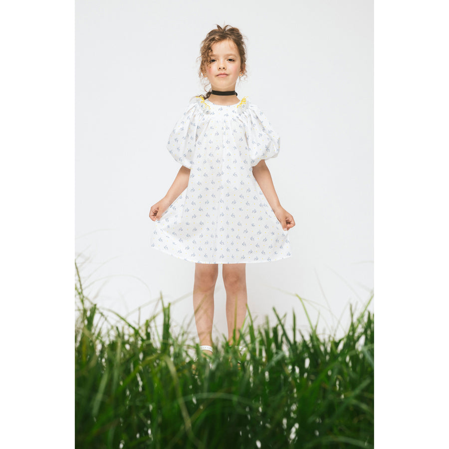 Paade Mode White Pearl Cotton Puff Sleeve Dress