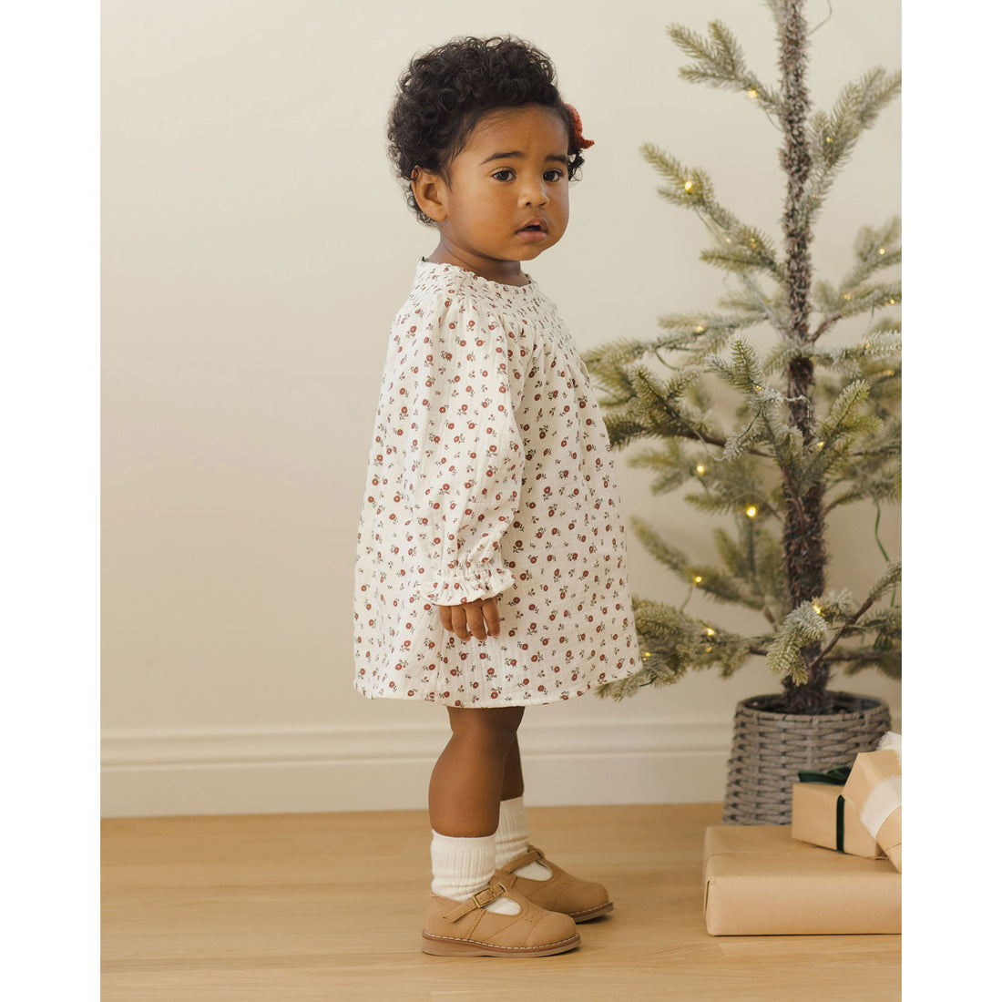 Quincy Mae Ivory Winter Ditsy V Smocked Dress
