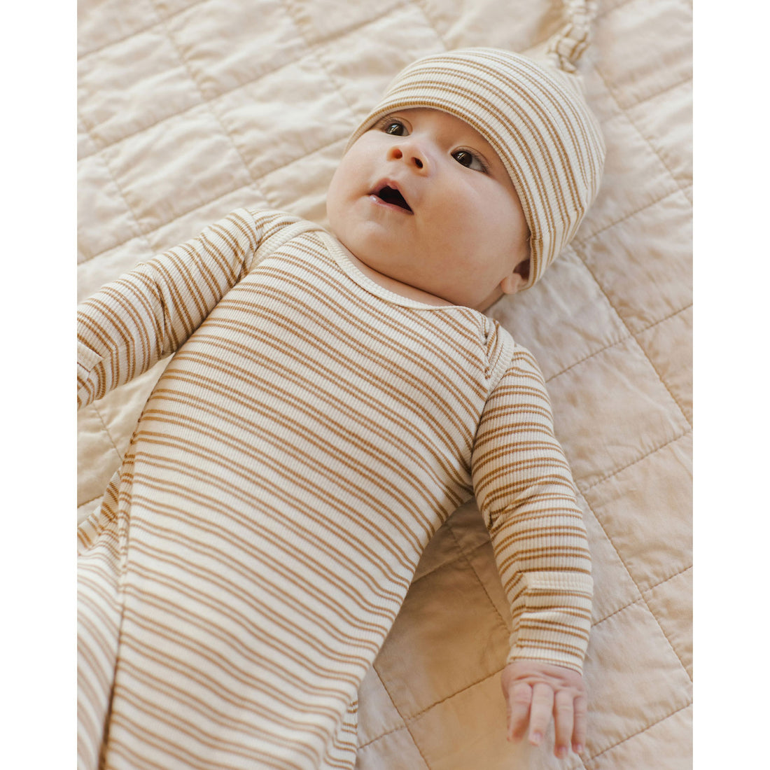 Quincy Mae Golden Stripe Knotted Baby Gown + Hat Set