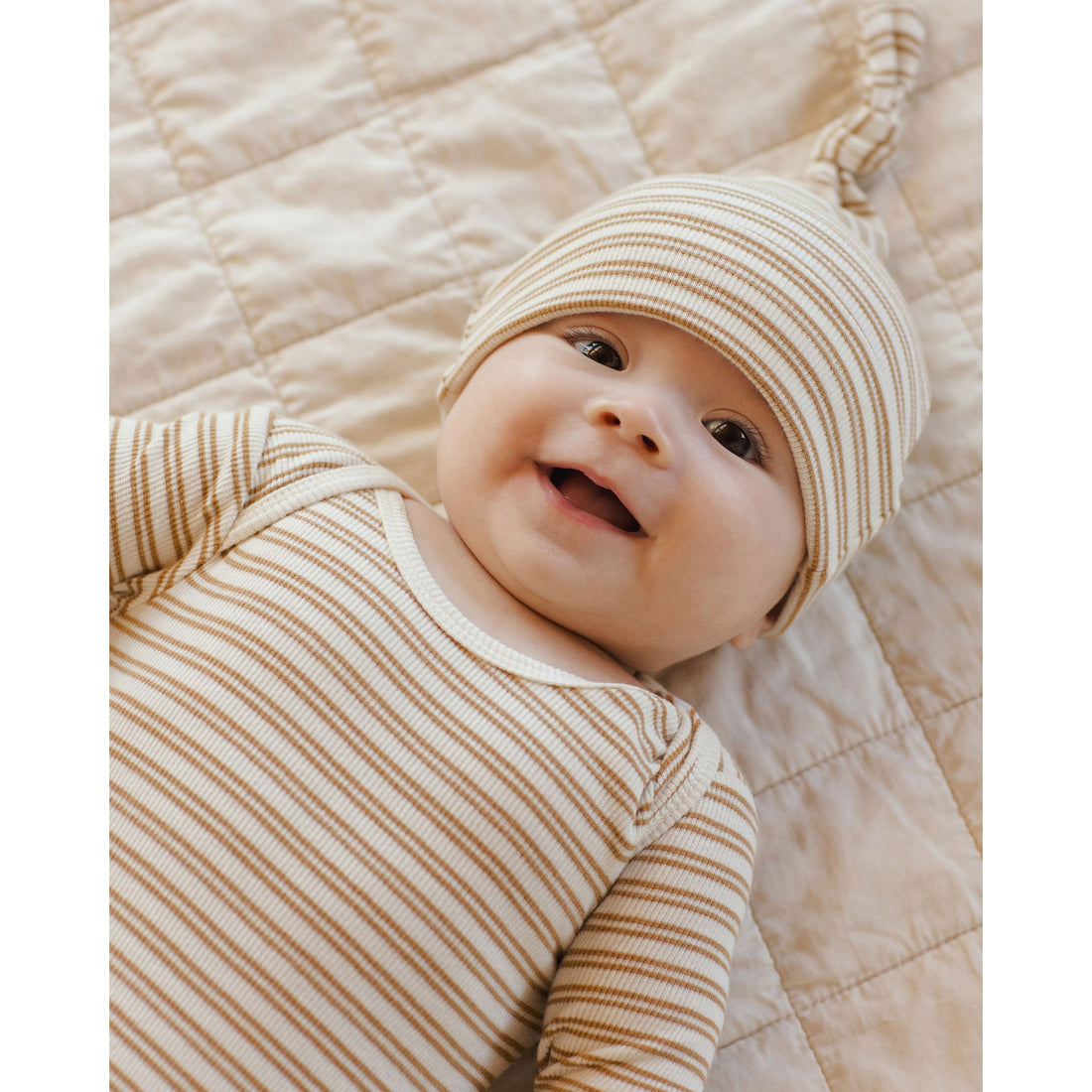 Quincy Mae Golden Stripe Knotted Baby Gown + Hat Set