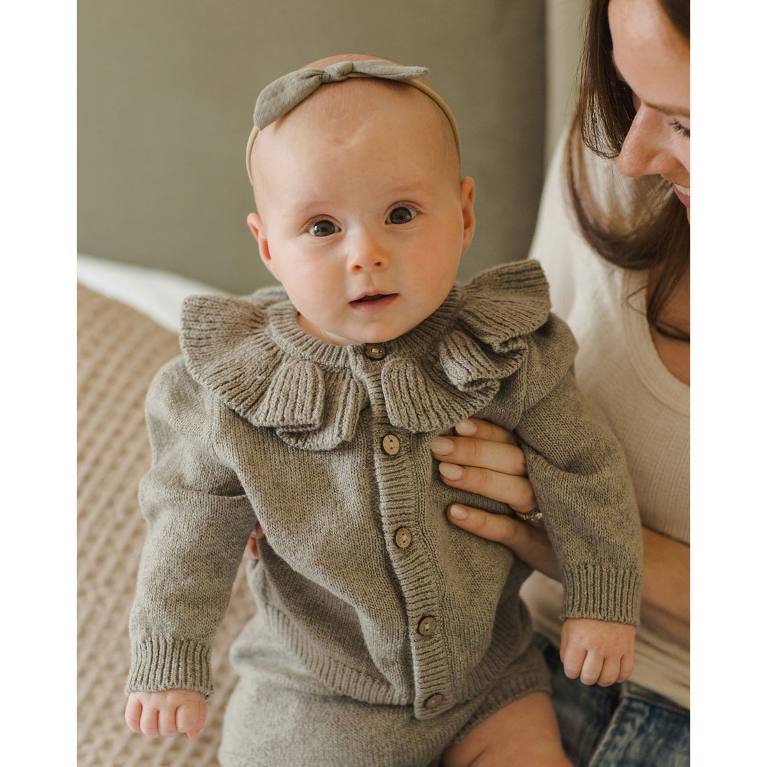Quincy Mae Basil Ruffle Collar Cardigan