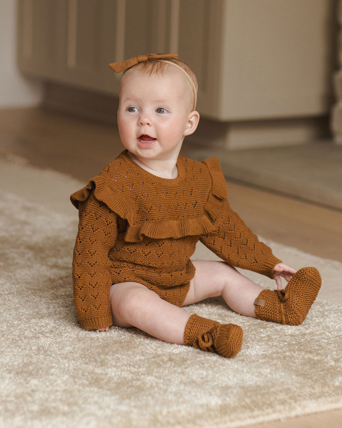 Quincy Mae Cinnamon Long Sleeve Pointelle Ruffle Romper