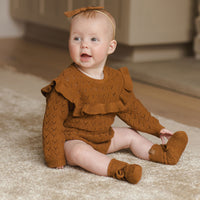 Quincy Mae Cinnamon Long Sleeve Pointelle Ruffle Romper
