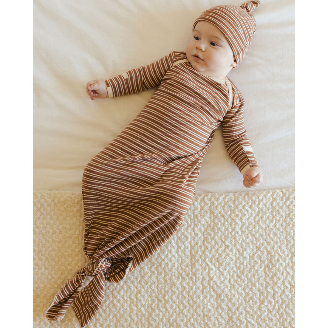 Quincy Mae Cedar Micro Stripe Knotted Baby Gown + Hat Set