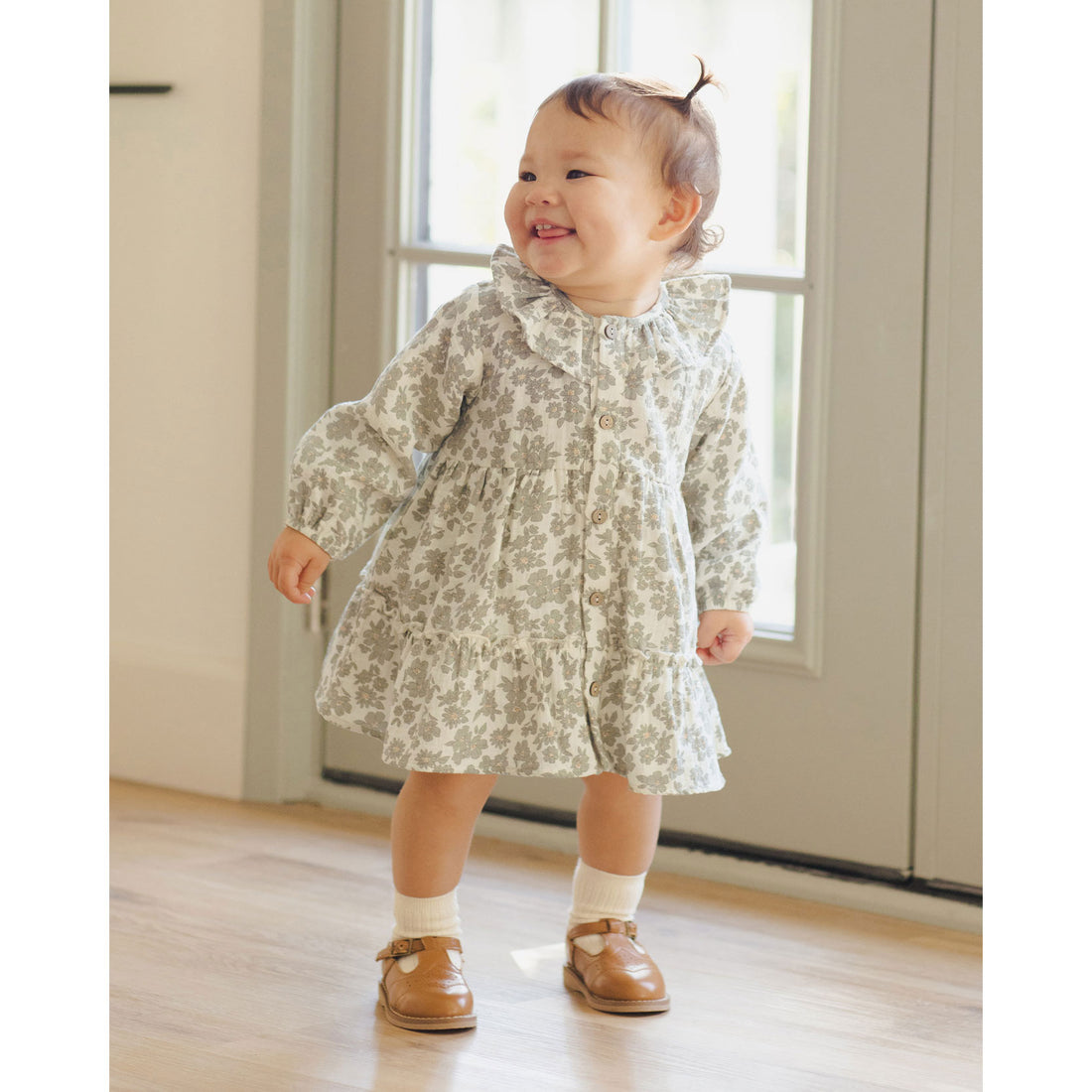 Quincy Mae Green Floral Ruffle Collar Button Dress