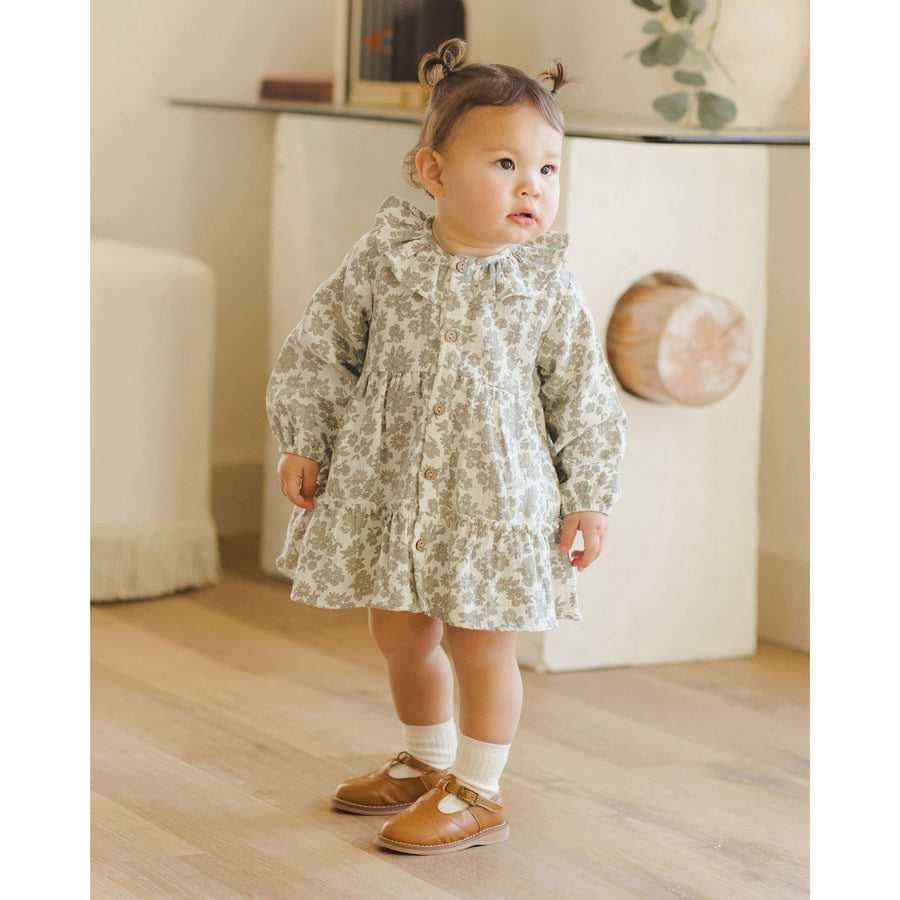 Quincy Mae Green Floral Ruffle Collar Button Dress