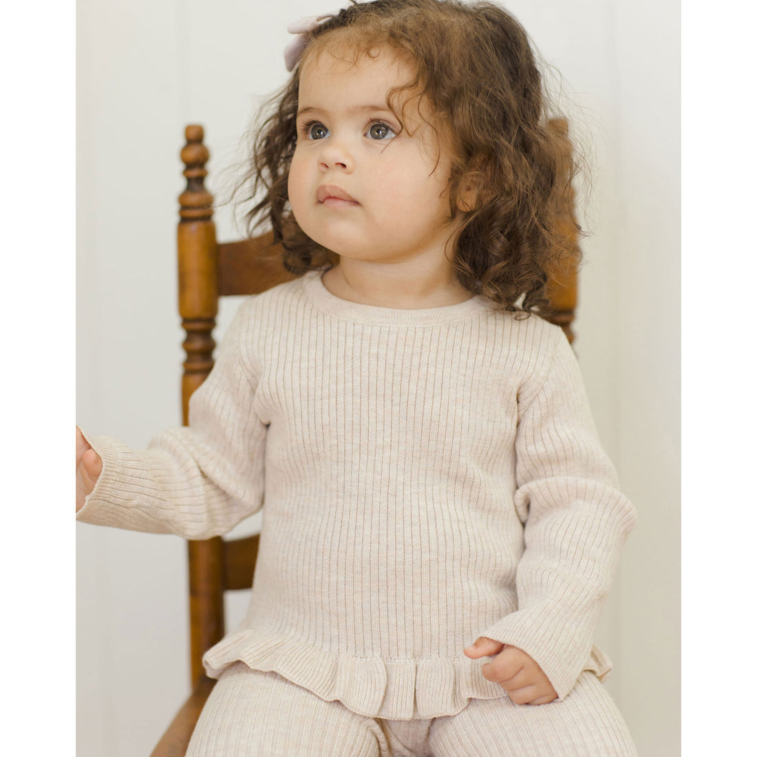 Quincy Mae Heathered Oatmeal Rib Knit Peplum Top