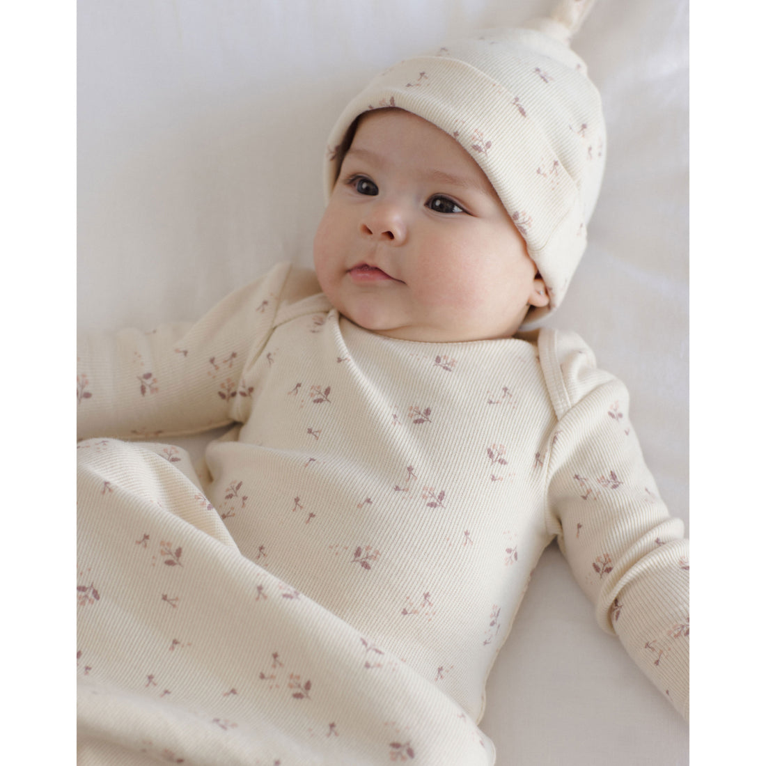 Quincy Mae Fall Ditsy Knotted Baby Gown + Hat Set