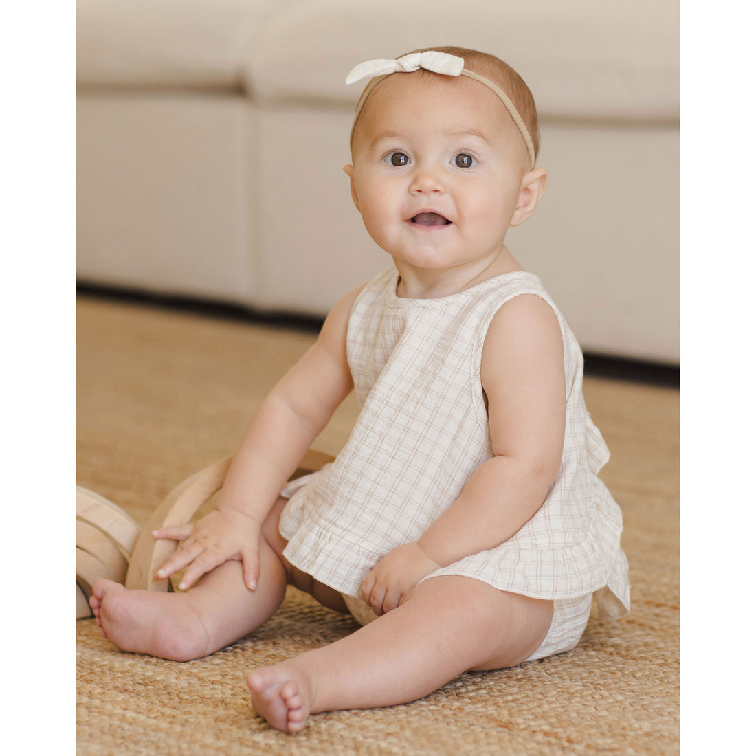 Quincy Mae Oat Check Ruffled Tulip Top + Bloomer Set