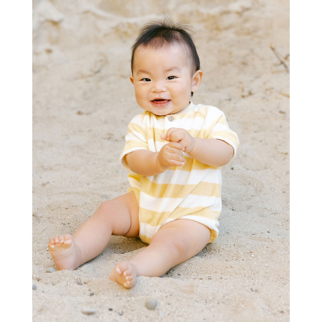 Quincy Mae Yellow Stripe Terry Henley Romper
