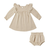 Quincy Mae Latte Micro Stripe Long Sleeve Flutter Dress