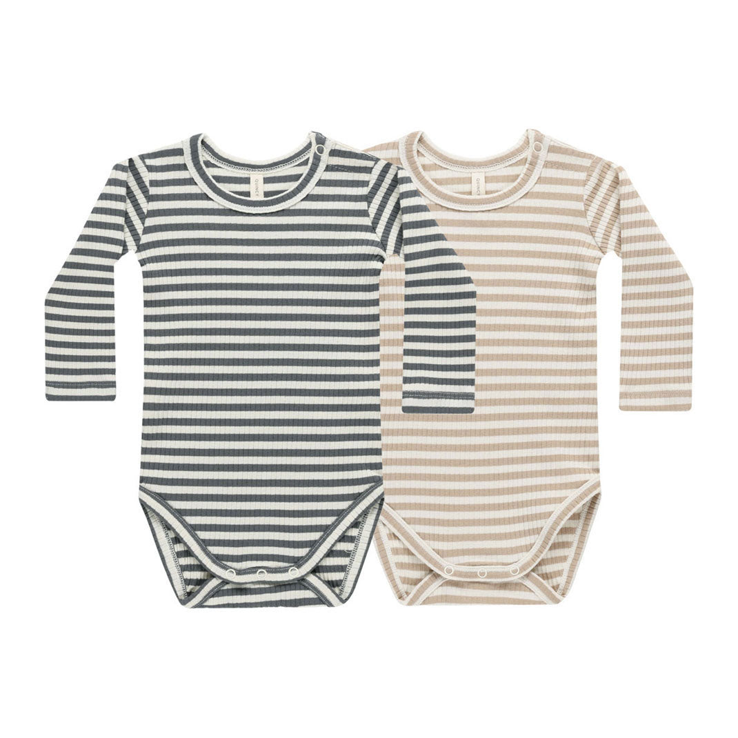 Quincy Mae Indigo Stripe, Latte Stripe Ribbed Bodysuit