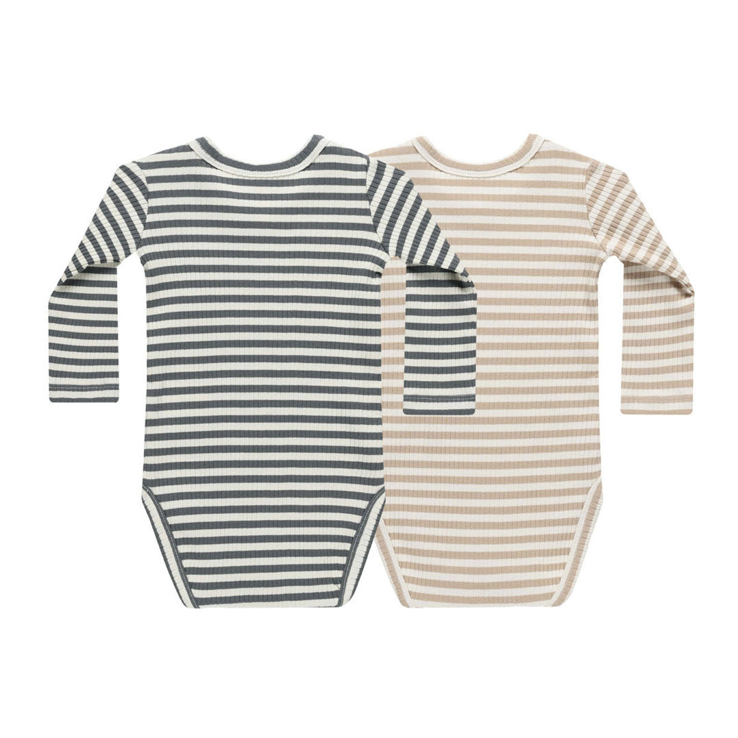 Quincy Mae Indigo Stripe, Latte Stripe Ribbed Bodysuit