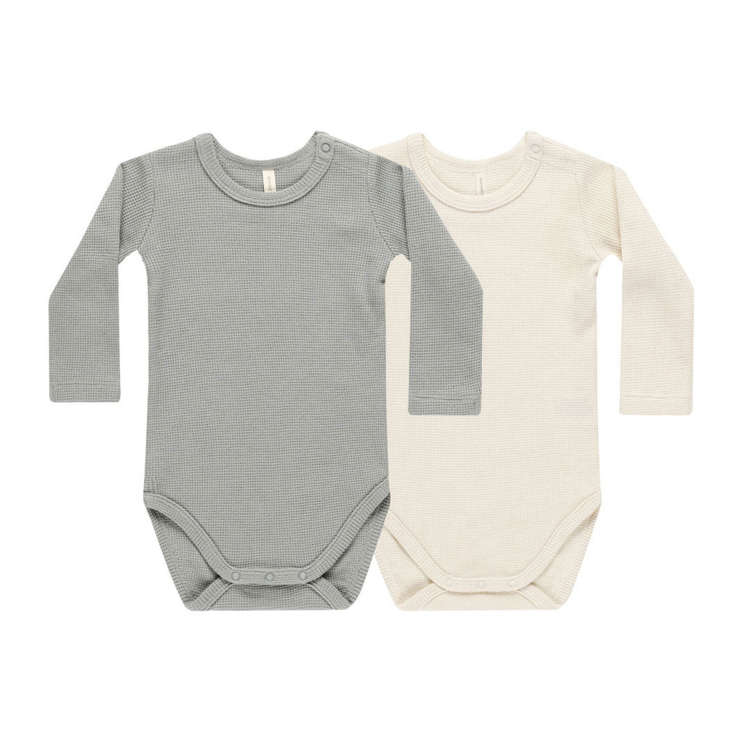 Quincy Mae Natural, Dusty Blue Waffle Bodysuit, 2 Pack