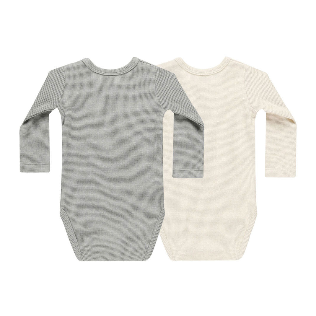 Quincy Mae Natural, Dusty Blue Waffle Bodysuit, 2 Pack
