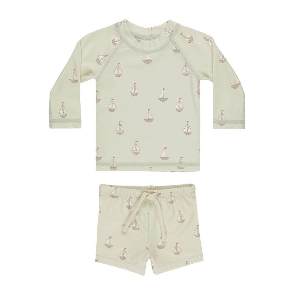 Quincy Mae Mint Sail Boats Finn Rash guard + Short Set