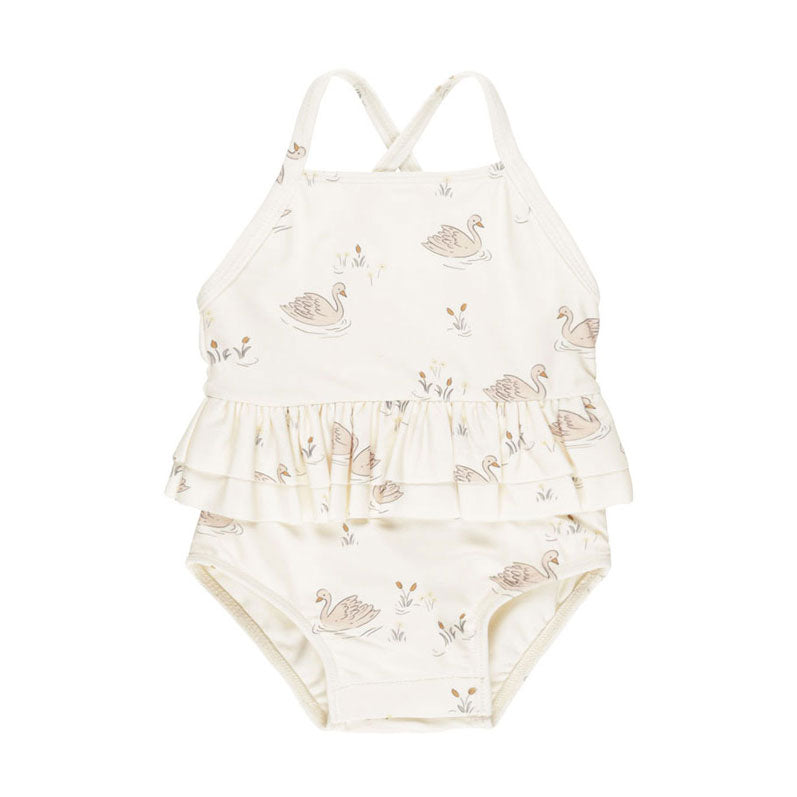 Quincy Mae Ivory Swans Ruffled  Swimsuit