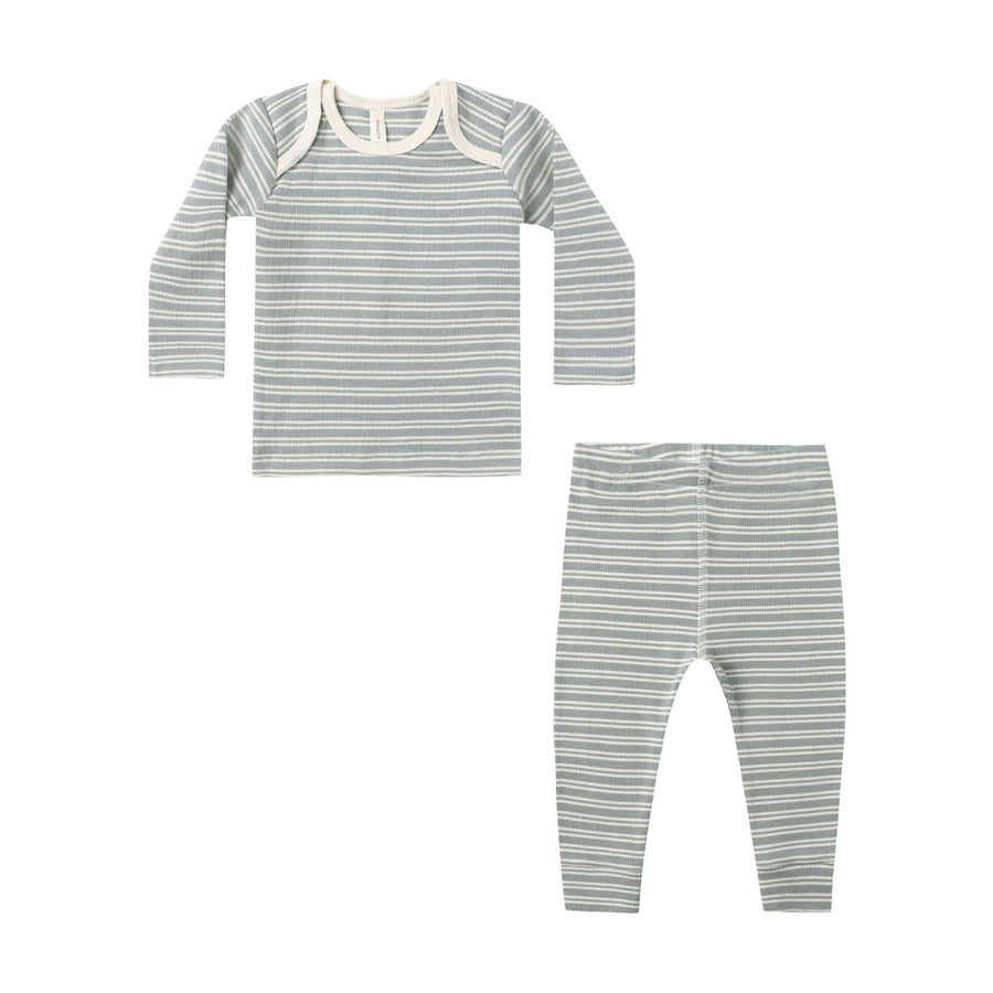 Quincy Mae Steel Blue Micro Stripe Ribbed Tee + Legging Set
