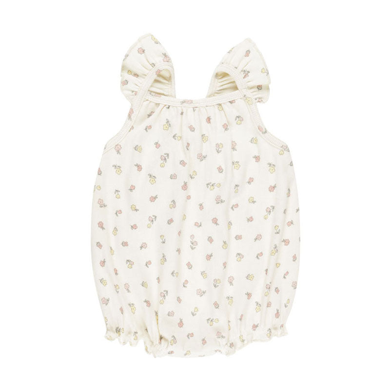 Quincy Mae Ivory Fleur Ribbed Ruffle Romper