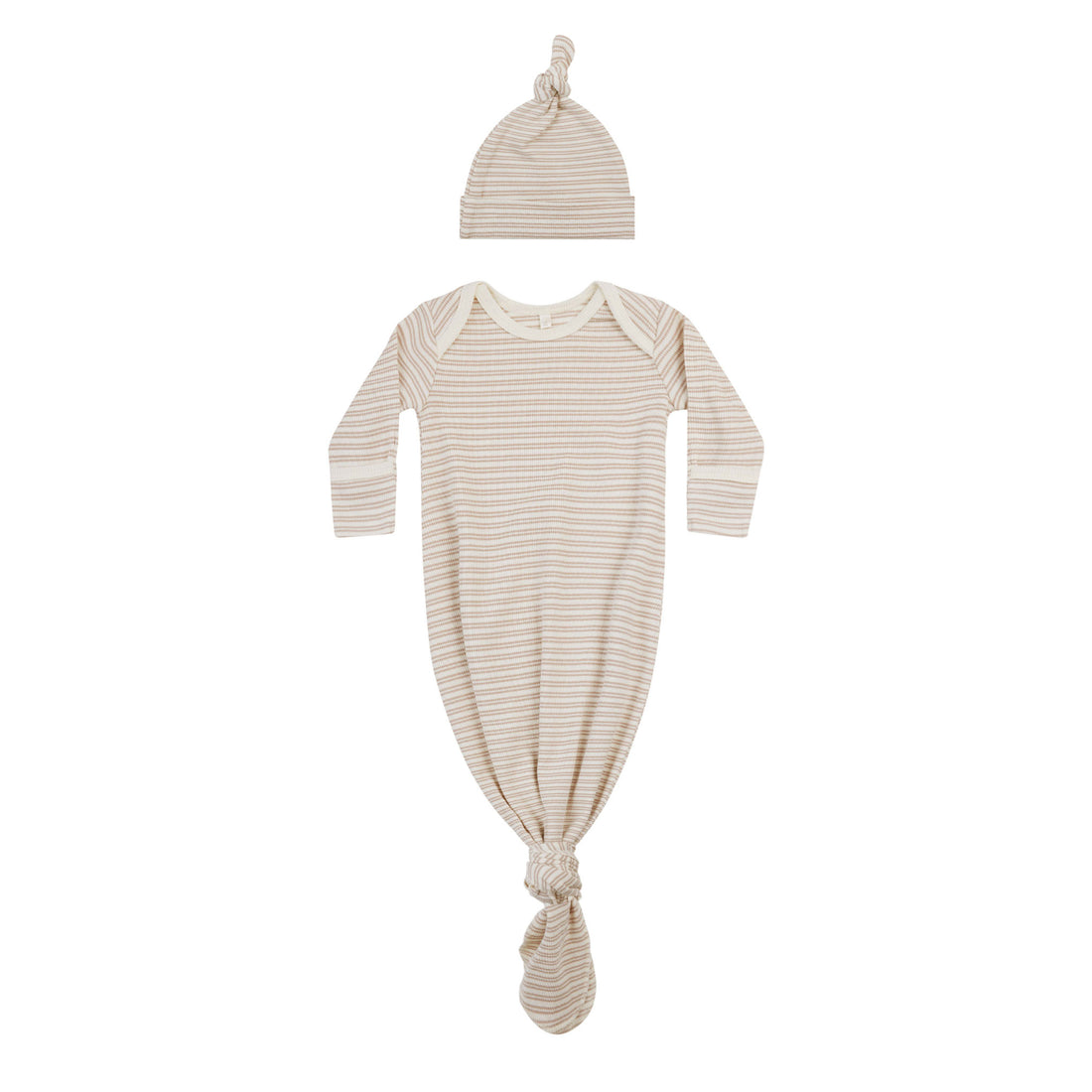 Quincy Mae Oat Stripe Knotted Baby Gown + Hat Set